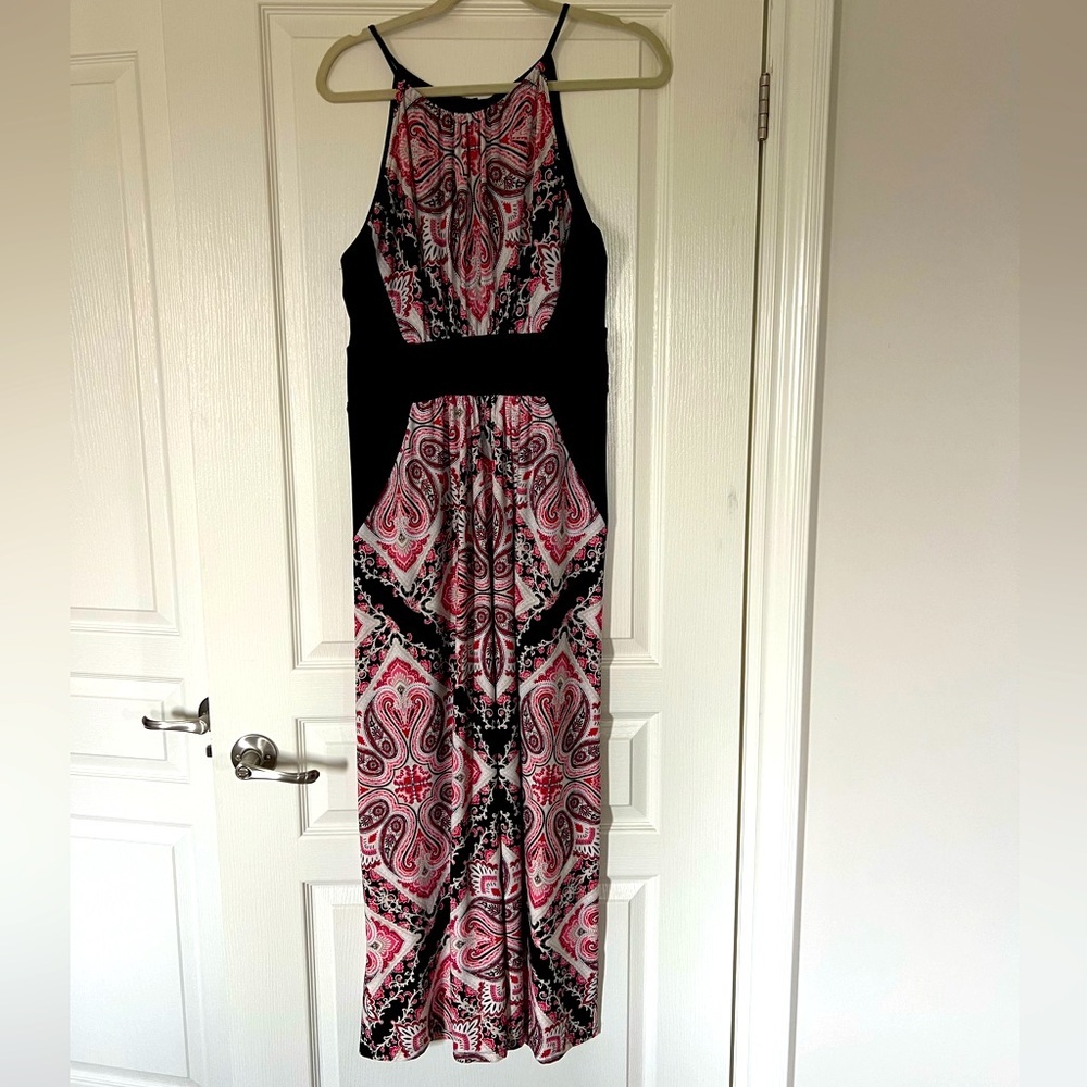 New York and Co Maxi dress Long Halter Pink Black Floral BOHO size Large